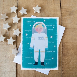 Ragazza astronauta, biglietto di auguri spaziale, biglietto di compleanno, biglietto di compleanno per bambini, 100% riciclato