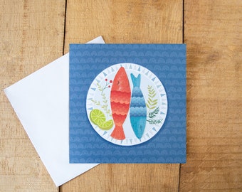 Fish greeting card, male birthday card, female birthday card, hello card, chef,  fish on a plate, 100% recycled