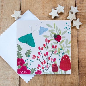 Carte de voeux joyeux anniversaire, carte d'anniversaire, coccinelle, fleurs et champignons vénéneux, 100 % recyclée