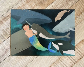 Swimming Merman with Whales artwork, Underwater Wall Art, Kids Wall Art, Kids Artwork