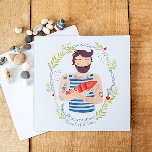 Tarjeta de marinero, tarjeta de cumpleaños masculina, tarjeta de felicitación masculina, tarjeta de saludo, pescador, 100% reciclada