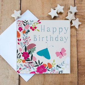 Carte de voeux joyeux anniversaire, carte d'anniversaire, papillon, insectes, fleurs, 100 % recyclé
