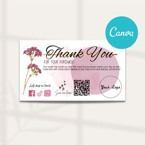 Modèle de carte de remerciement modifiable | Encart d'appréciation pour les petites entreprises | QR et remises incitatives | Téléchargement instantané, DIY Merci.