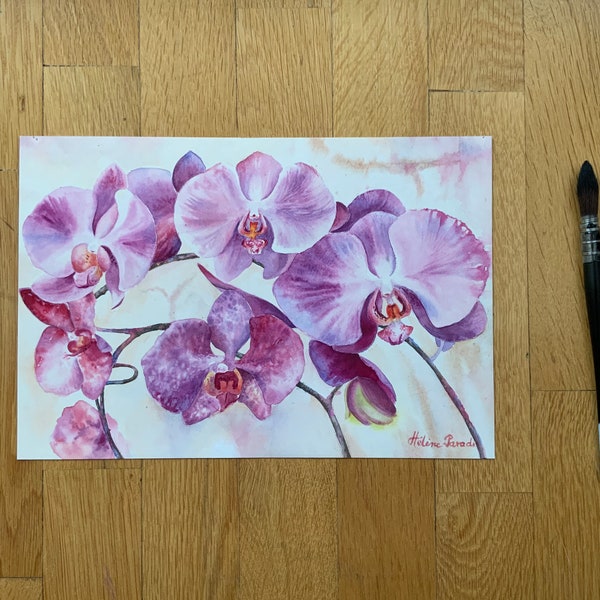 Aquarelle originale orchidées, peinture fleurs, décoration murale, art floral