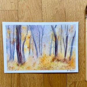 Mini aquarelle forêt, petite aquarelle originale, peinture forêt en automne, décoration intérieure