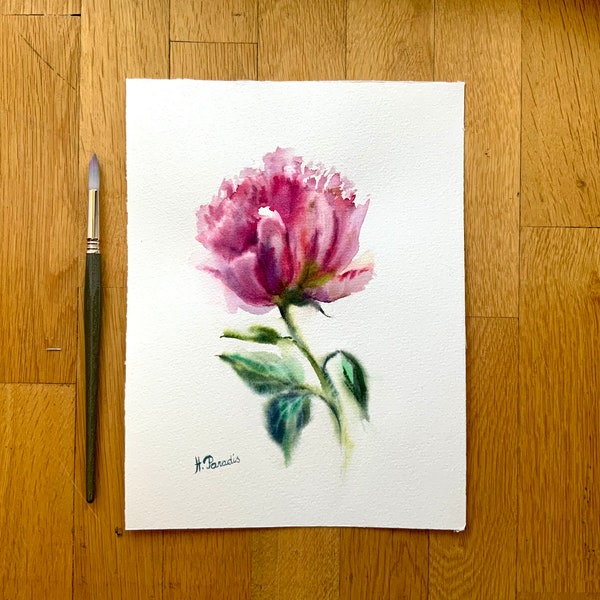 Aquarelle originale Pivoine, peinture fleur, décoration intérieure, tableau authentique