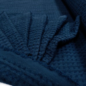 94" Extra WIDE WAFFLE linen blend fabric in navy blue, softened waffle fabric by yard or meter. For blankets, cushions, towels, bathrobes