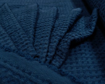 94" Extra WIDE WAFFLE linen blend fabric in navy blue, softened waffle fabric by yard or meter. For blankets, cushions, towels, bathrobes