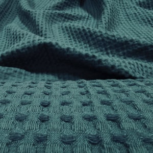 Extra WIDE 94&quot; WAFFLE linen blend fabric, softened linen cotton waffle in teal blue, by yard or meter. For blankets, cushions, towels, spa