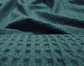 Extra WIDE 94" WAFFLE linen blend fabric, softened linen cotton waffle in teal blue, by yard or meter. For blankets, cushions, towels, spa