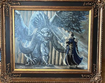 FFXIV Giant custom original painting. Aymeric & Hraesvelgr. MSQ  Heavensward Dragonflight 24x30inches. Includes antique extra fancy frame.