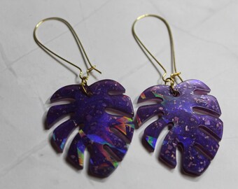 Purple Sparkle Resin Leaf Earrings | Handmade Botanical Jewellery | Bold Statement Dangles