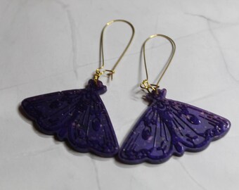 Purple Resin Moth Earrings | Handmade Gothic Statement Jewellery | Nature-Inspired Dangles