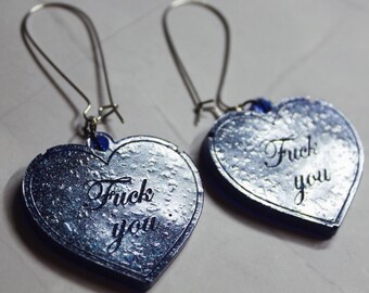 Handmade Resin Heart Earrings: Sparkly Sweary F You Blue Dangle Jewelry