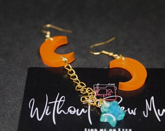 Orange and Green Resin Moon and Star Earrings