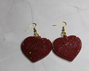 Handmade Resin Heart Earrings: Unique Sparkle, London Crafted, Fun Sweary B!tch Accessory
