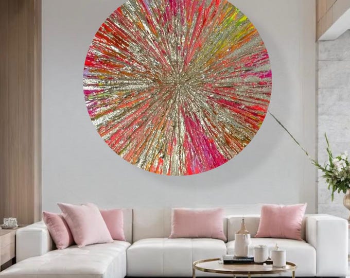 Pink and Gold Leaf Abstract Painting on Canvas: Circle Colorful Wall ...