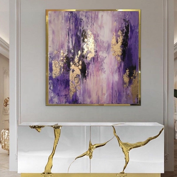 Peinture abstraite or violet art mural moderne violet art de la feuille d'or peinture or métallique grande toile art mural peinture acrylique originale