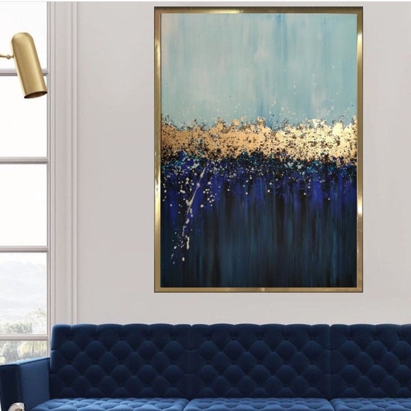 Gold abstract art canvas acrylic painting gold leaf art painting modern wall art dark blue and gold abstract wall art living room wall decor