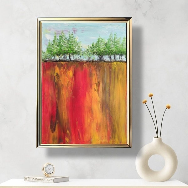 Paysage abstrait jaune rouge, peinture originale, art acrylique abstrait, arbre abstrait, art mural, toile moderne, art arbre vert, peinture sur toile