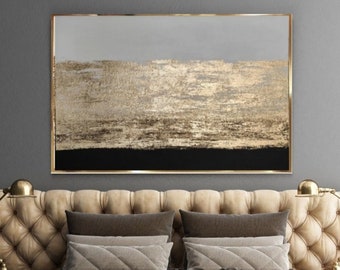 Schwarzgold-Wandkunst, goldenes abstraktes Gemälde, Blattgold-Wandkunst, metallisches Golddekor, goldstrukturierte Kunst, moderne Leinwandkunst, Originalkunst aus Acryl