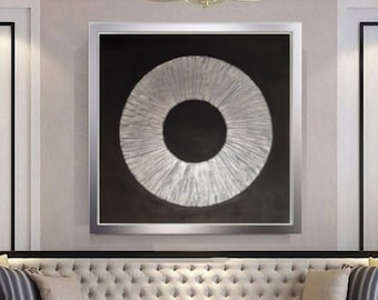 Peinture abstraite à la feuille d'argent, toile abstraite argentée noire, art mural texturé 3D, peinture acrylique minimaliste argentée, art moderne, décoration d'intérieur