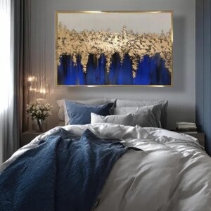 Blue and gold abstract wall art blue and gold leaf painting modern art home decor gold foil abstract acrylic art metallic gold wall decor