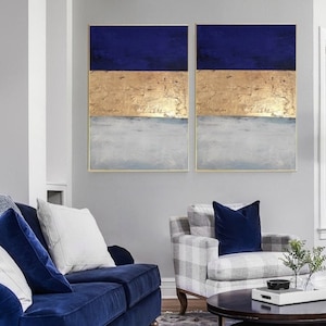 Blue and gold leaf art gold abstract acrylic canvas painting modern art bedroom metallic gold art gold foil gold textured canvas wall art