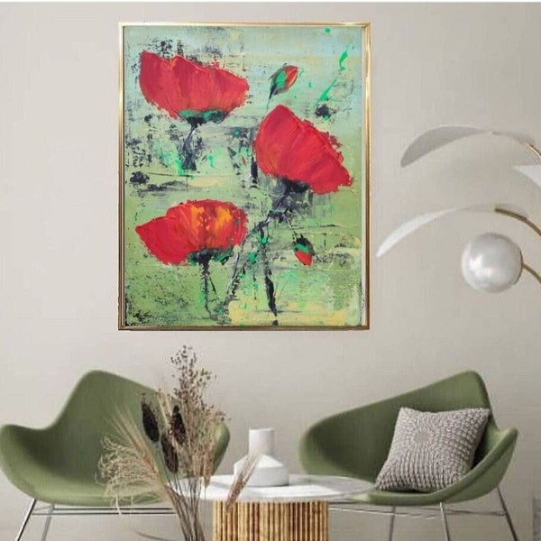 Peinture originale de fleur de pavot, art floral abstrait abstrait, coquelicots rouges, peinture acrylique de fleurs, art moderne, décoration intérieure, peinture texturée rouge