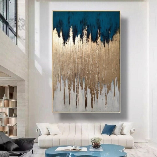 Art mural feuille d'or, peinture abstraite or bleu, art texturé or, peinture or métallique, art moderne bleu, déco maison, peinture acrylique originale