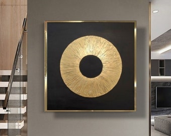 Art de la feuille d'or grande peinture abstraite texturée en or noir art moderne art de la feuille d'or art abstrait moderne minimaliste art de salon de luxe 3D