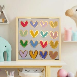 Pintura abstrata colorida de coração em tela, arte em folha de ouro, decoração de quarto infantil, arte colorida de coração, arte original pintada à mão, arte texturizada em 3D