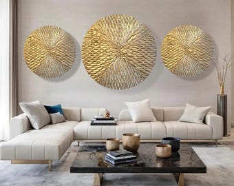 Cuadro de lujo con lámina de oro, lienzo redondo, decoración de pared con textura dorada en 3D, pintura abstracta metálica para dormitorio moderno.