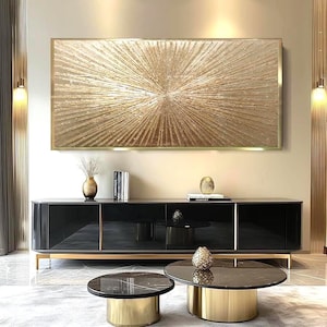 Gold rays textured wall art 3D art for living gold leaf abstract canvas painting modern wall decor gold foil minimalist hand painted art