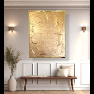 Arte de parede abstrata com textura dourada, grande pintura em tela feita à mão, arte moderna, folha de ouro texturizada, parede minimalista, metálica, arte dourada para viver