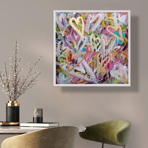 Pintura abstrata moderna de coração em tela com textura de folha de ouro, arte de parede em acrílico com coração, arte abstrata colorida, decoração de coração colorido