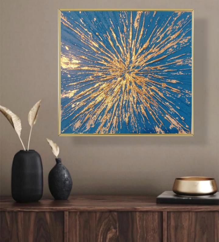 金箔の絵画、モダンな青いアクリル壁アート、青い金の壁の装飾