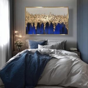Blue abstract wall art blue and gold leaf painting modern art home decor large abstract acrylic painting  dark blue wall art gold foil art