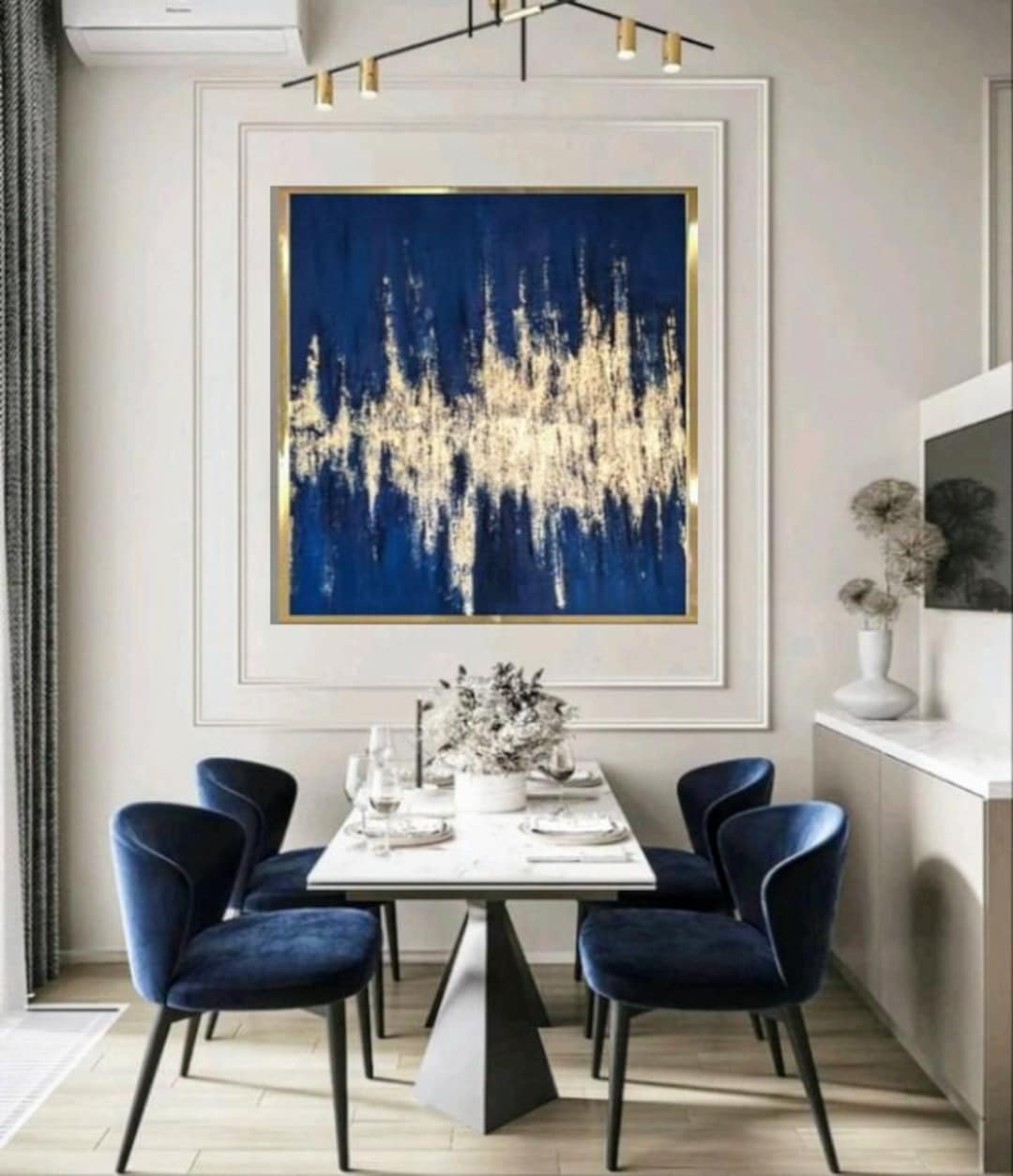 Large Abstract Blue Painting Gold Wall Art Metallic Gold Textured ...