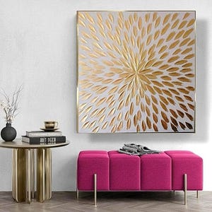 White textured gold wall art gold foil painting minimalist neutral art 3D gold abstract canvas art gold leaf textured wall living room decor