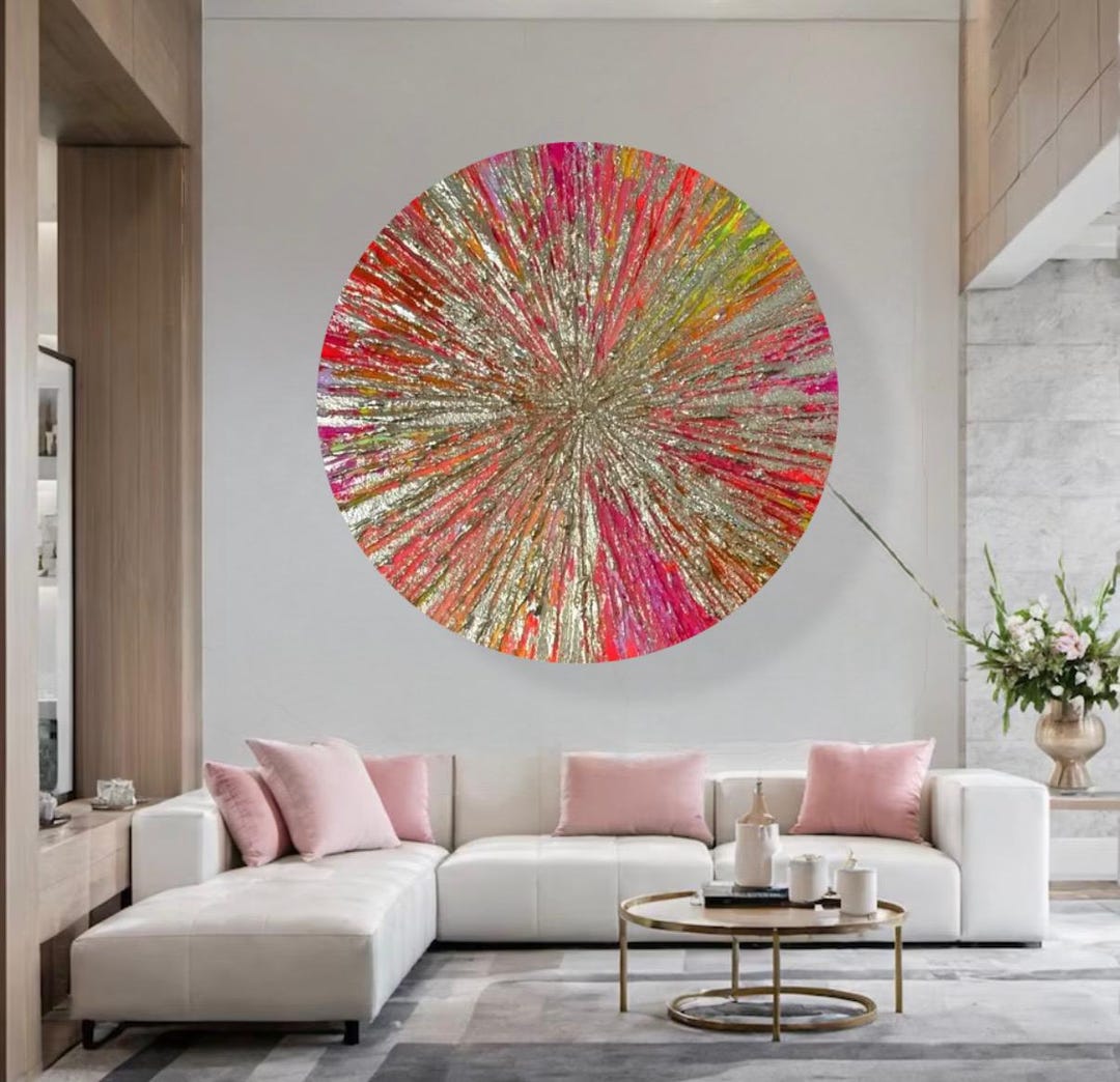 Pink and Gold Leaf Abstract Painting on Canvas: Circle Colorful Wall ...