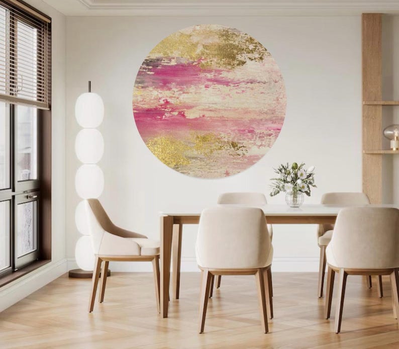 Pink and Gold Leaf Abstract Painting - Textured Modern Wall Art Circle ...