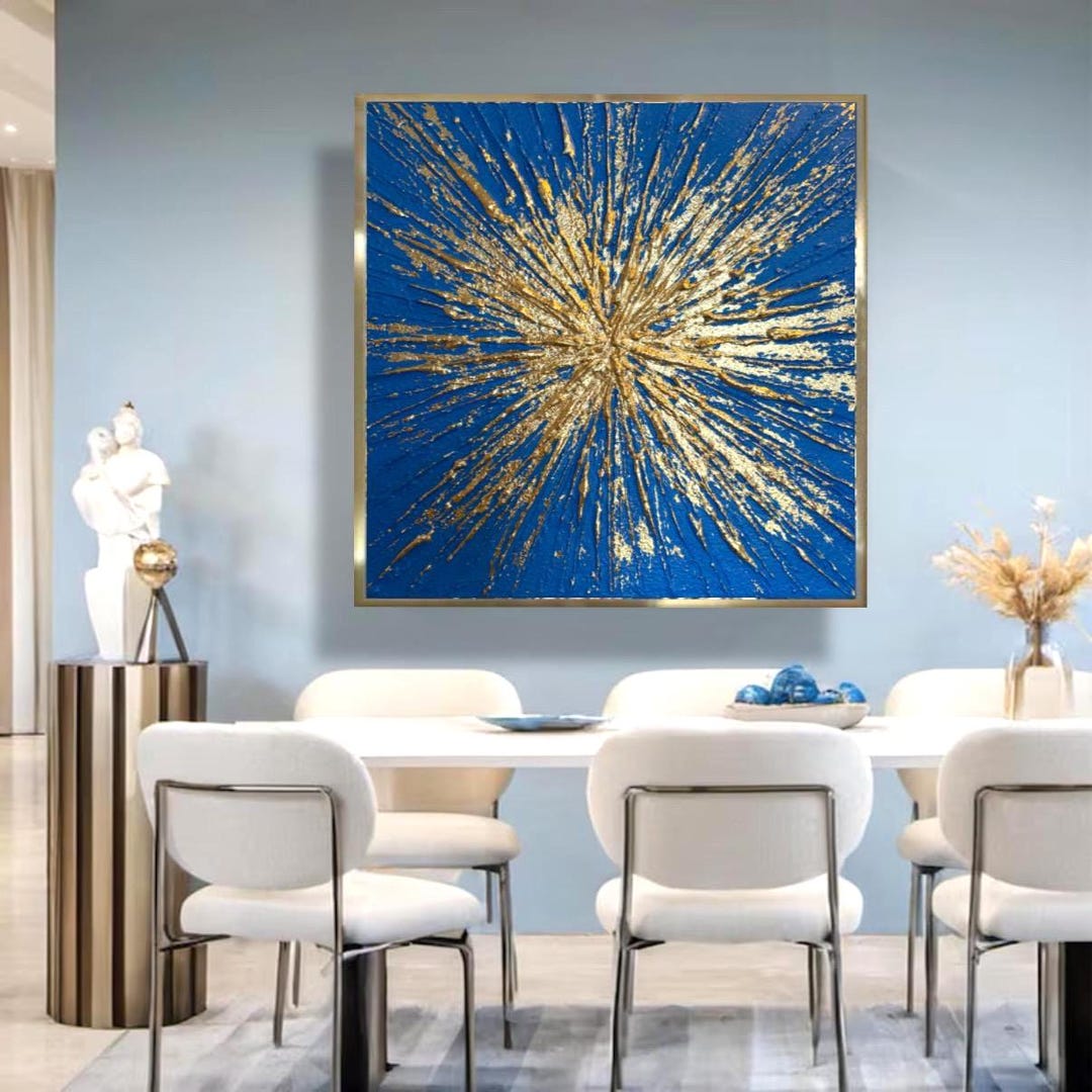 Blue Gold Wall Art Gold Foil Abstract Canvas Painting, Luxury Textured ...