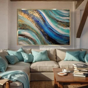 Turquoise blue abstract painting modern wall decor light texture art and gold wall art original acrylic painting large abstract artwork