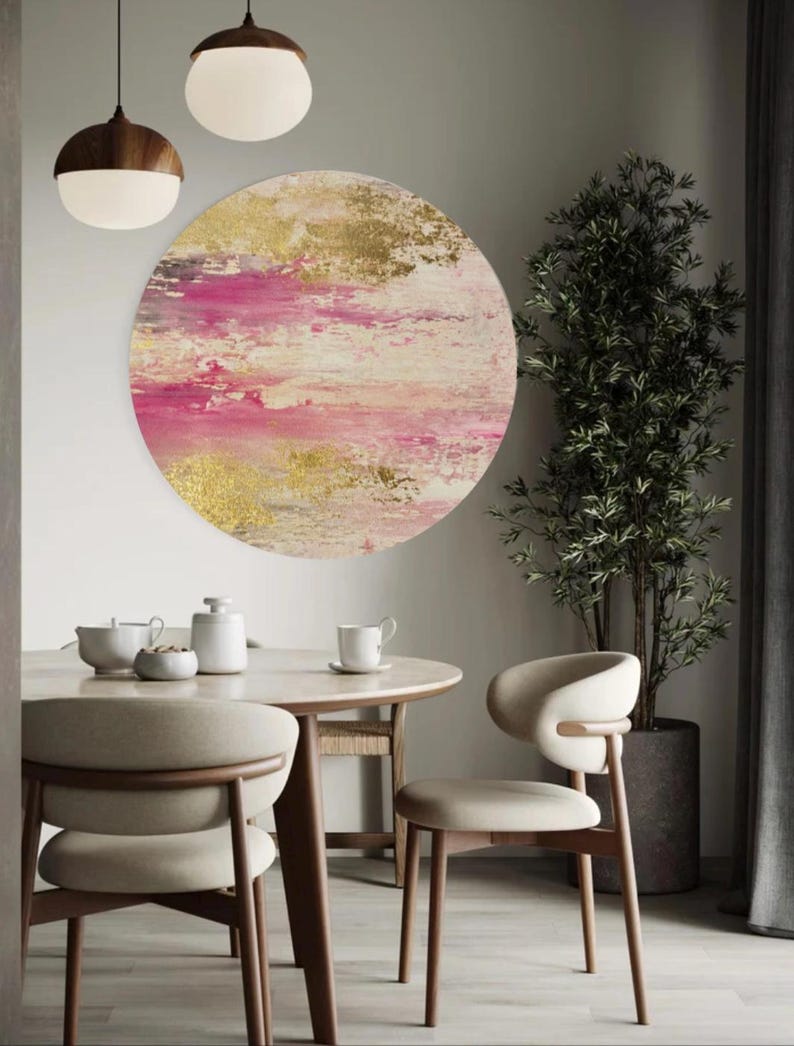 Pink and Gold Leaf Abstract Painting - Textured Modern Wall Art Circle ...