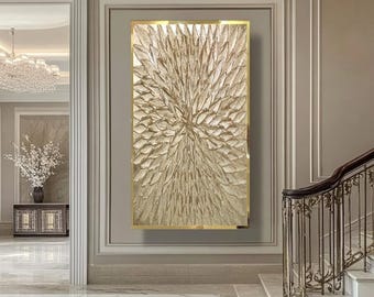 Luxury abstract gold leaf art original gold painting on canvas 3D textured wall canvas metallic gold art for living room large abstract art