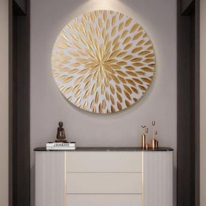 Round white and gold leaf abstract textured wall art canvas original acrylic art gold foil modern art home decor unique beautiful artwork