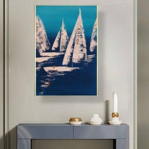 Original abstrakte Seelandschaft, moderne Kunst Segelboot auf Leinwand handgemalte moderne Kunst Segelboot blau türkis Seelandschaft