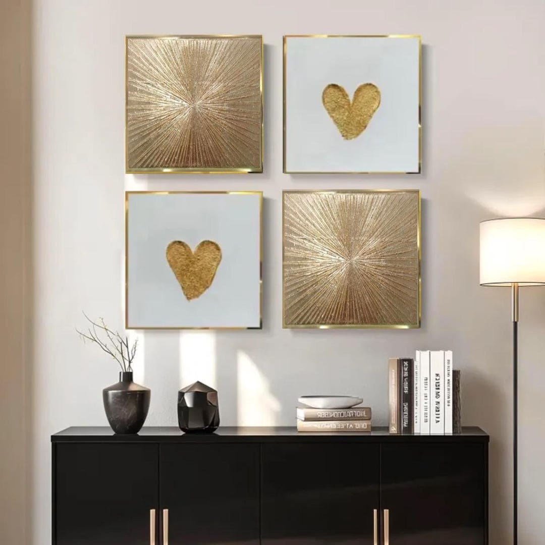 Mini Gold Foil Heart Painting & Gold Heart Art Canvas Wall Art