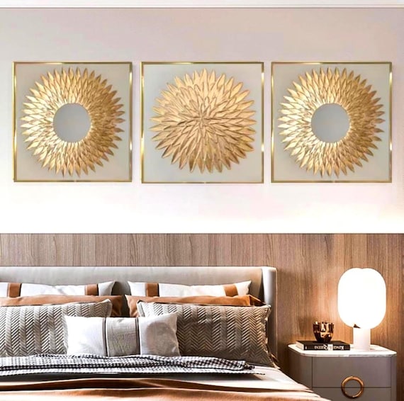 金箔3Dテクスチャ絵画、抽象的なアクリル金箔アート3枚セット - Etsy 日本